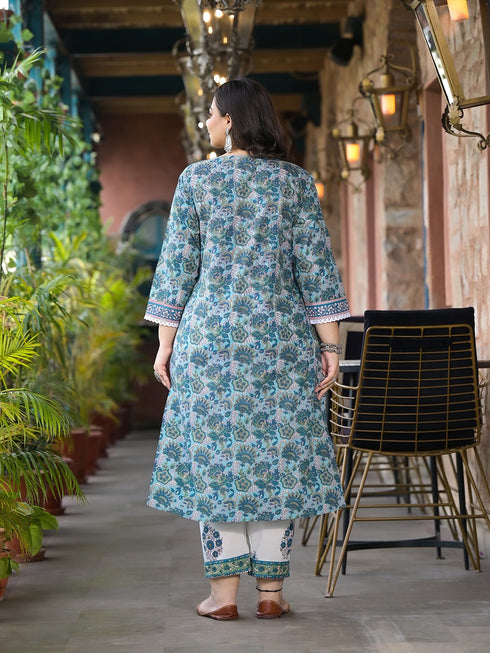 Women Plus Size Green Pure Cotton Kurta Set With Dupatta